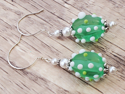 Prickly Pear Artisan Glass Earrings, Lampwork Glass Bead by a talented artisan, Sterling Silver Earring Wire