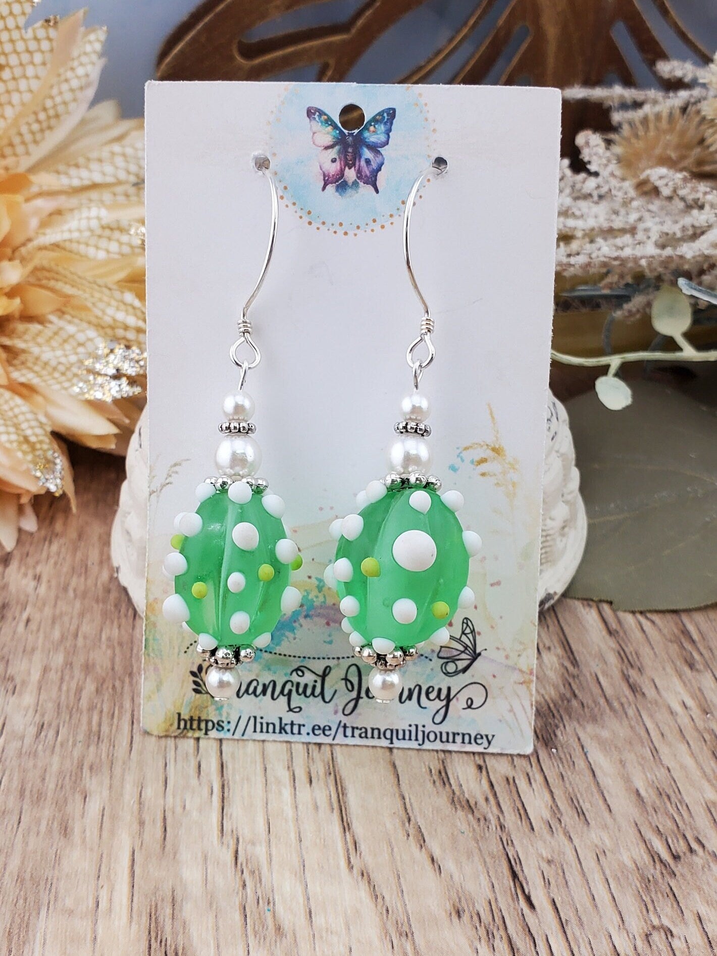 Prickly Pear Artisan Glass Earrings, Lampwork Glass Bead by a talented artisan, Sterling Silver Earring Wire