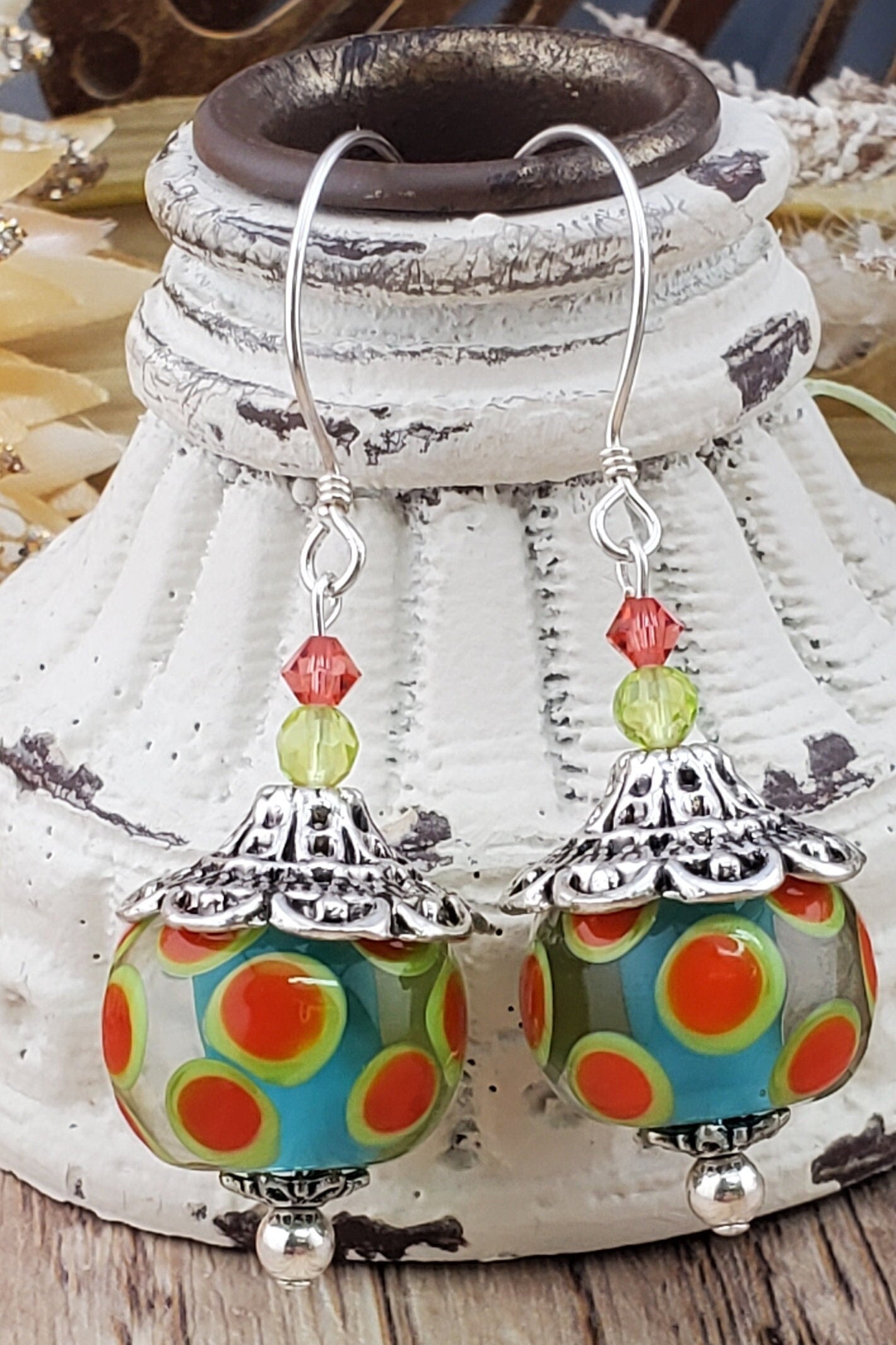 Joyous Carnivale Artisan Glass Earrings, Lampwork Glass Bead by a talented artisan, Sterling Silver Earring Wire