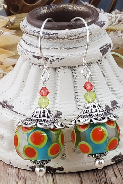 Joyous Carnivale Artisan Glass Earrings, Lampwork Glass Bead by a talented artisan, Sterling Silver Earring Wire