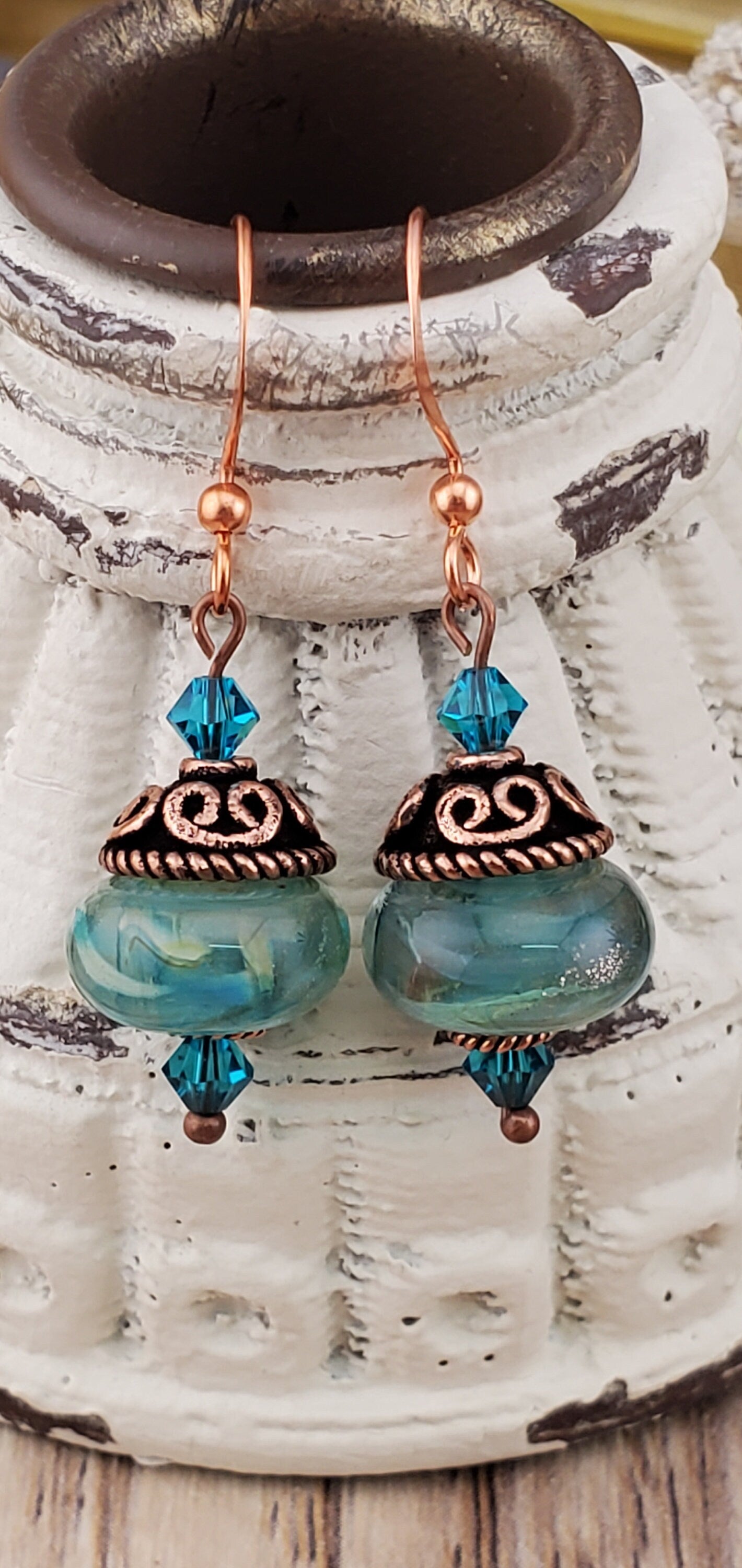 Seaside Treasure Artisan Glass Earrings, Lampwork Glass Bead handcrafted by a talented artisan, Copper Earring Wire