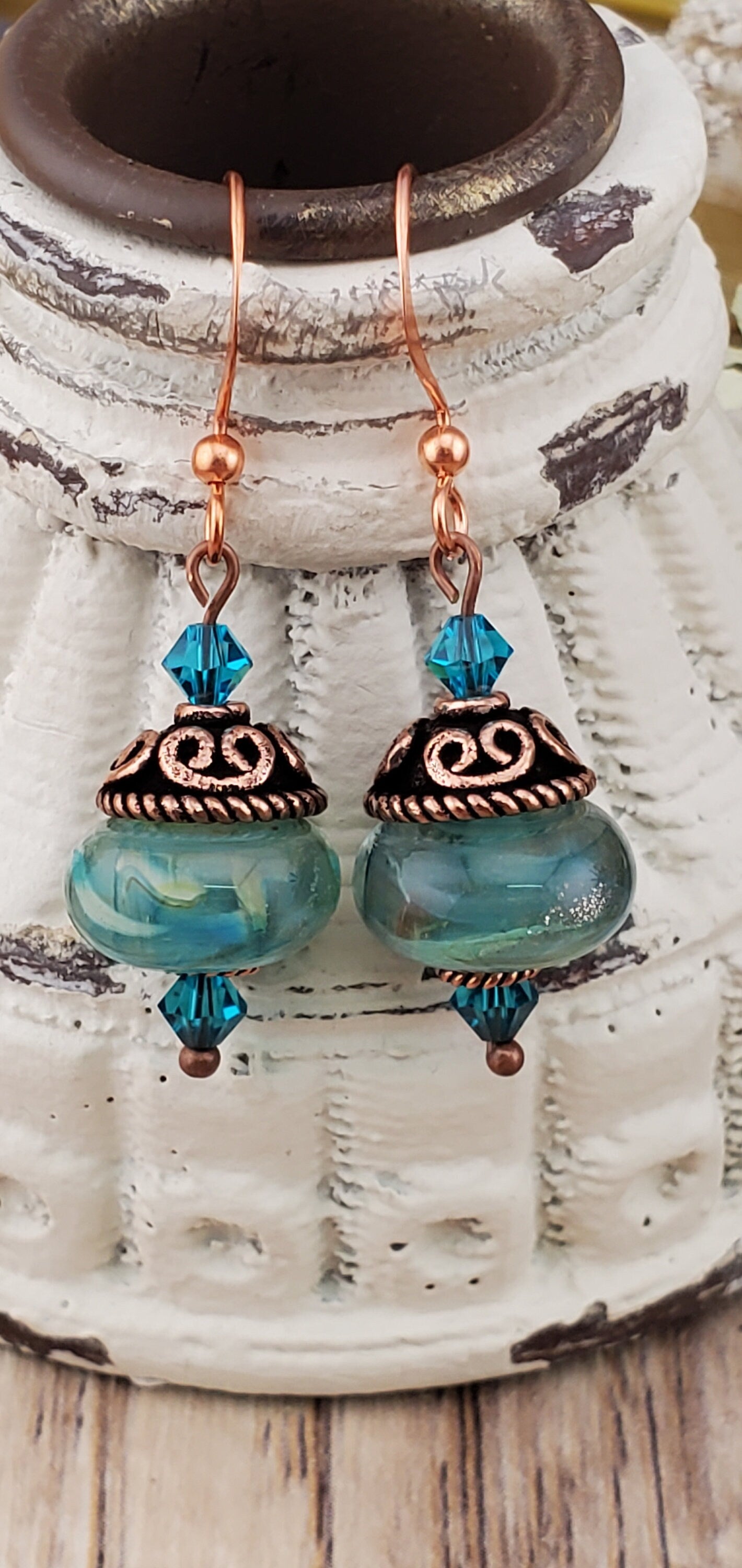 Seaside Treasure Artisan Glass Earrings, Lampwork Glass Bead handcrafted by a talented artisan, Copper Earring Wire