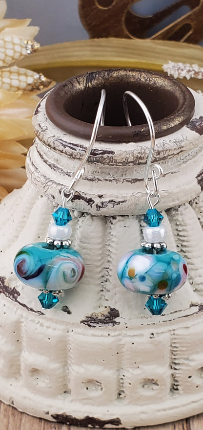 Feeling Blue Artisan Glass Earrings, Lampwork Glass Bead handcrafted by a talented artisan, Silver Filled Earring Wire