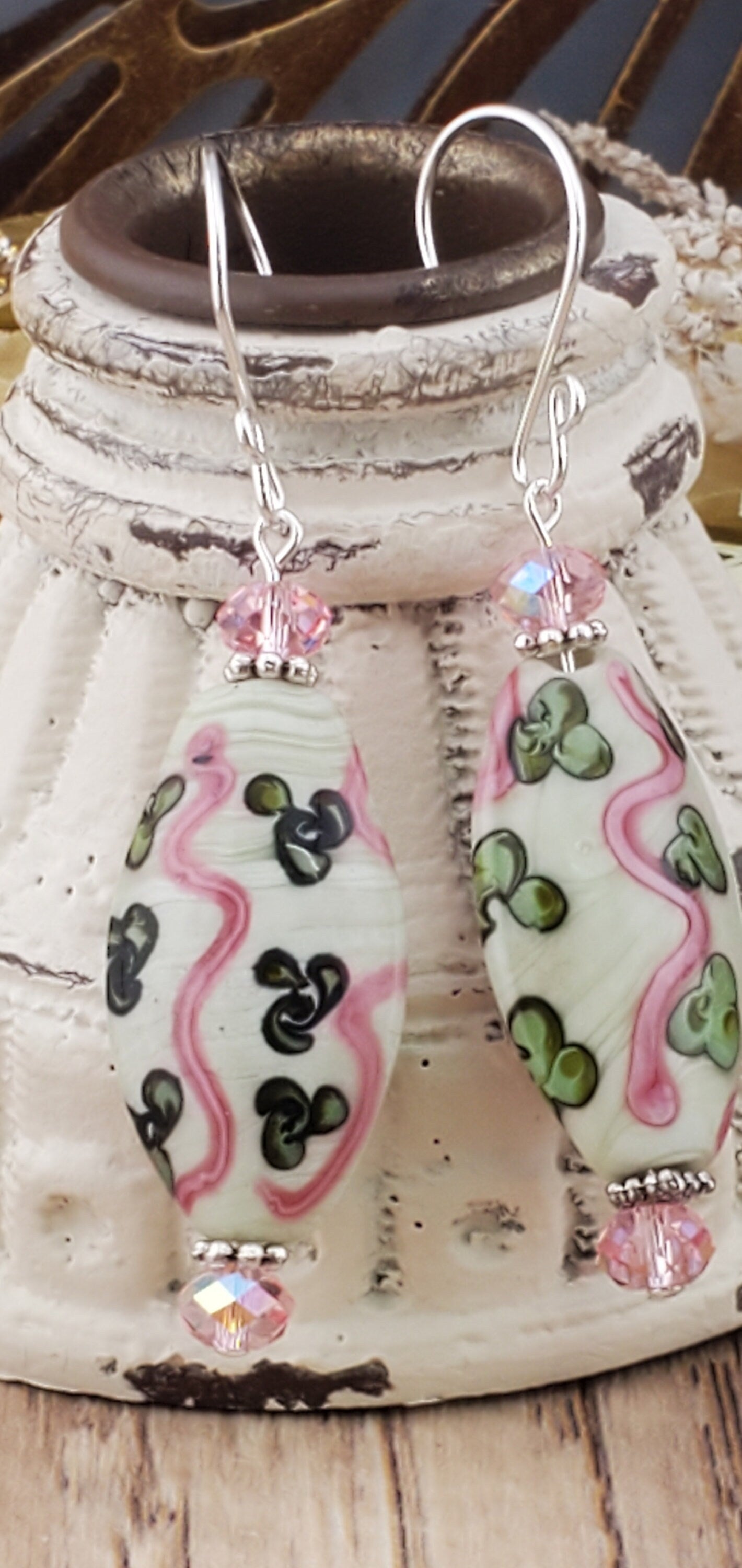 Garden Delight Artisan Glass Earrings, Lampwork Glass Bead handcrafted by a talented artisan, Silver Filled Earring Wire