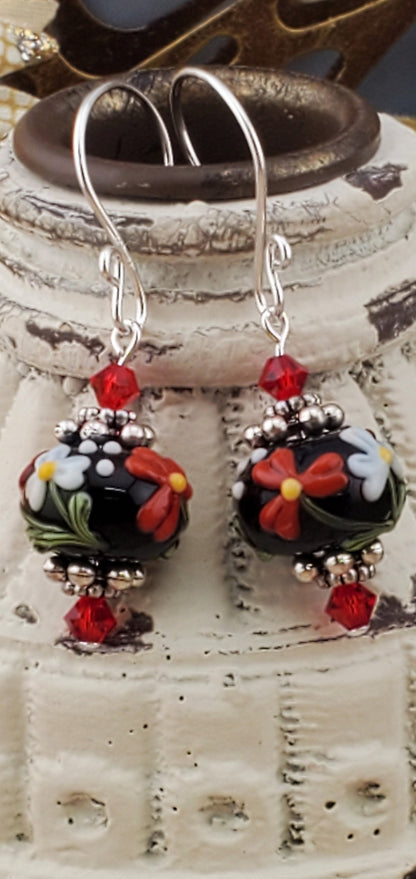 Fiery Red Artisan Glass Earrings, Lampwork Glass Bead handcrafted by a talented artisan, Silver Filled Earring Wire