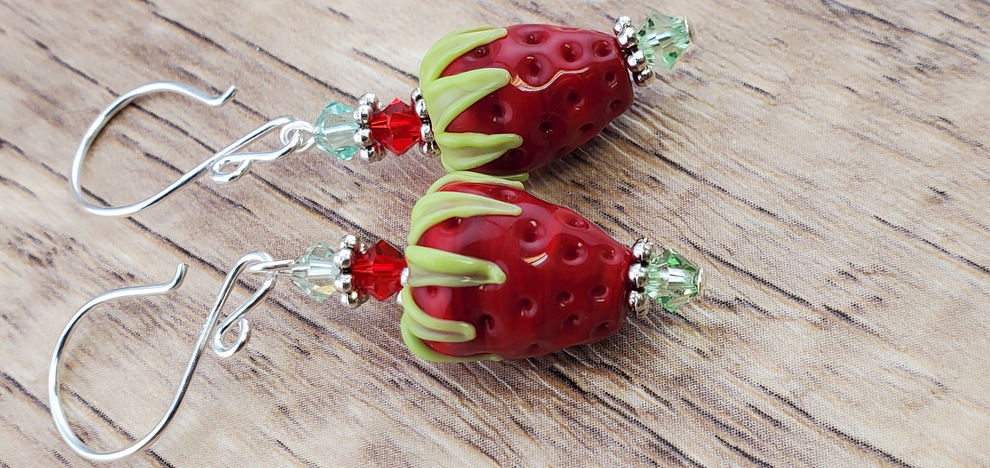 Strawberry Delight Artisan Glass Earrings, Lampwork Glass Bead handcrafted by a talented artisan, Silver Filled Earring Wire