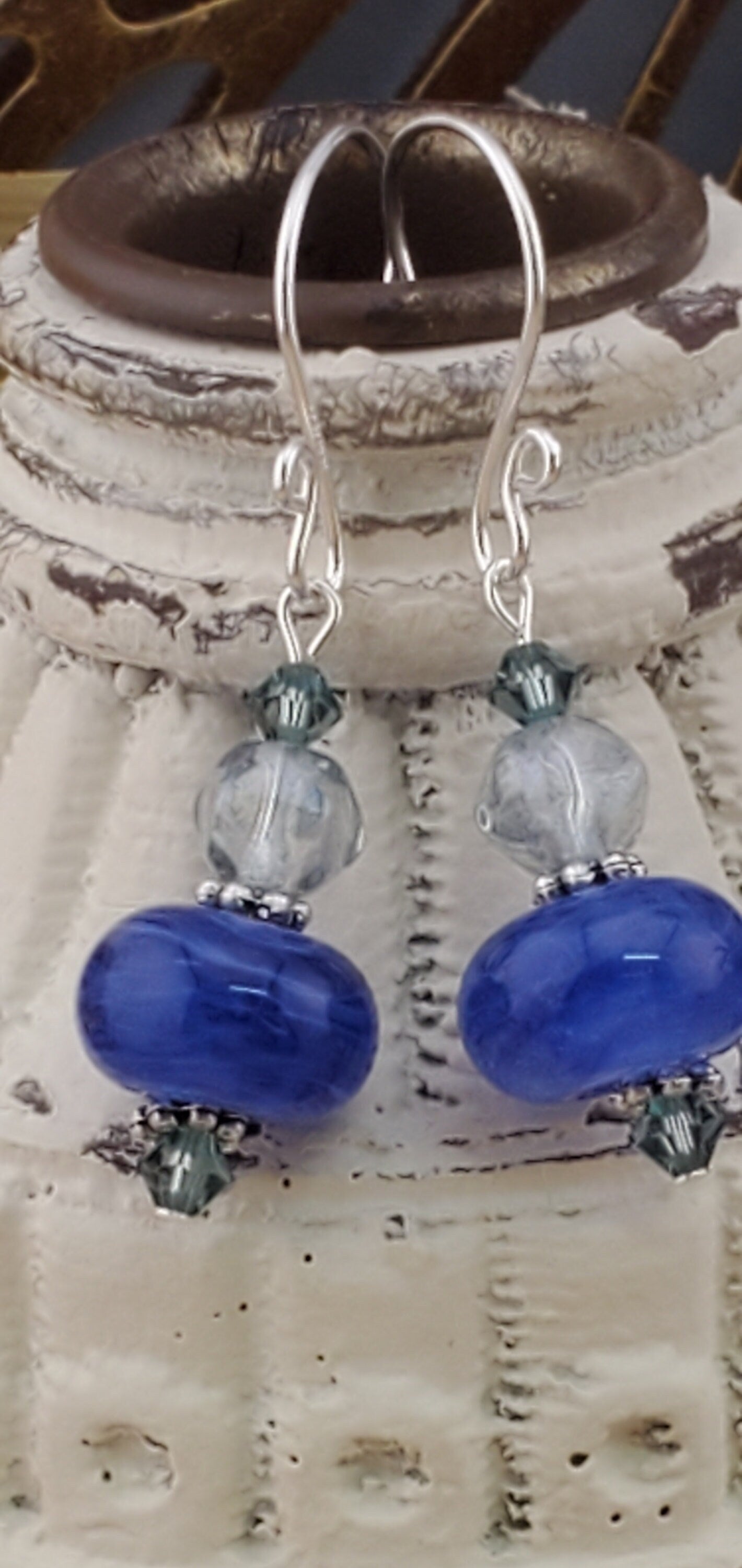 Blue Skies Artisan Glass Earrings, Lampwork Glass Bead handcrafted by a talented artisan, Silver Filled Earring Wire