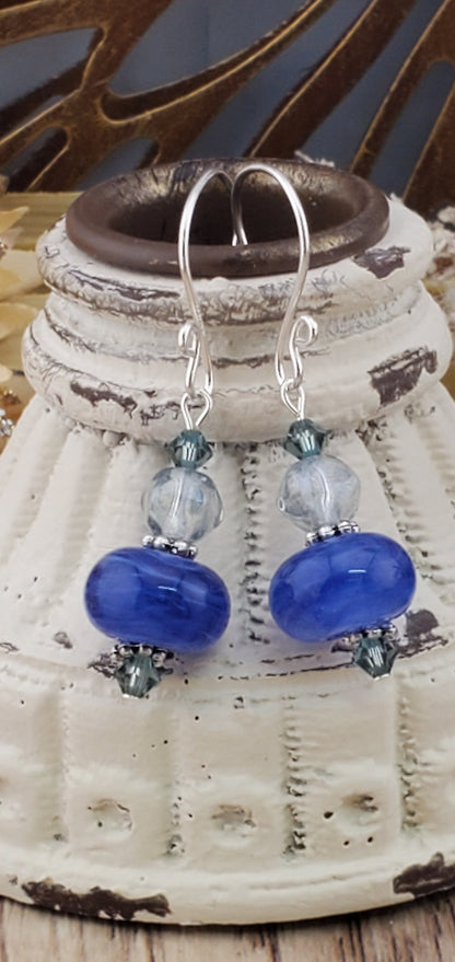 Blue Skies Artisan Glass Earrings, Lampwork Glass Bead handcrafted by a talented artisan, Silver Filled Earring Wire