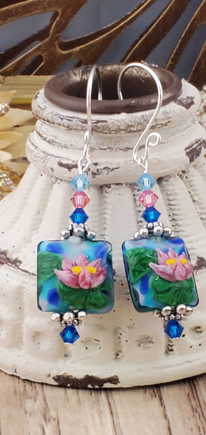 Floating Garden Artisan Glass Earrings, Lampwork Glass Bead handcrafted by a talented artisan, Silver Filled Earring Wire