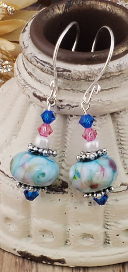 Colorful Mosaic Artisan Glass Earrings, Lampwork Glass Bead handcrafted by a talented artisan, Silver Filled Earring Wire