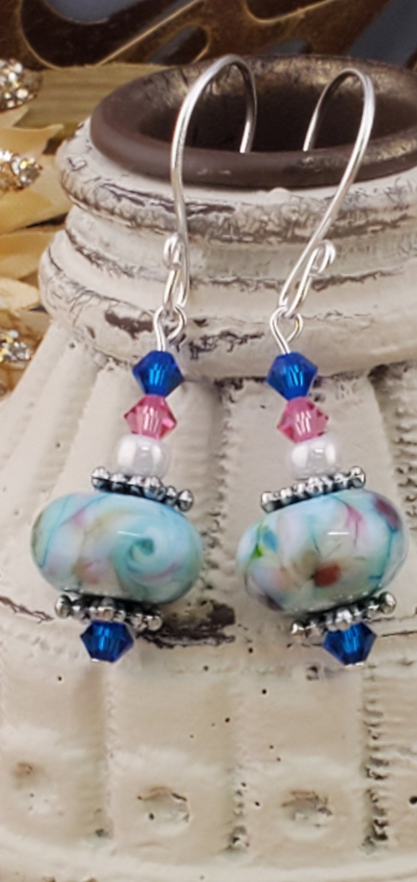 Colorful Mosaic Artisan Glass Earrings, Lampwork Glass Bead handcrafted by a talented artisan, Silver Filled Earring Wire