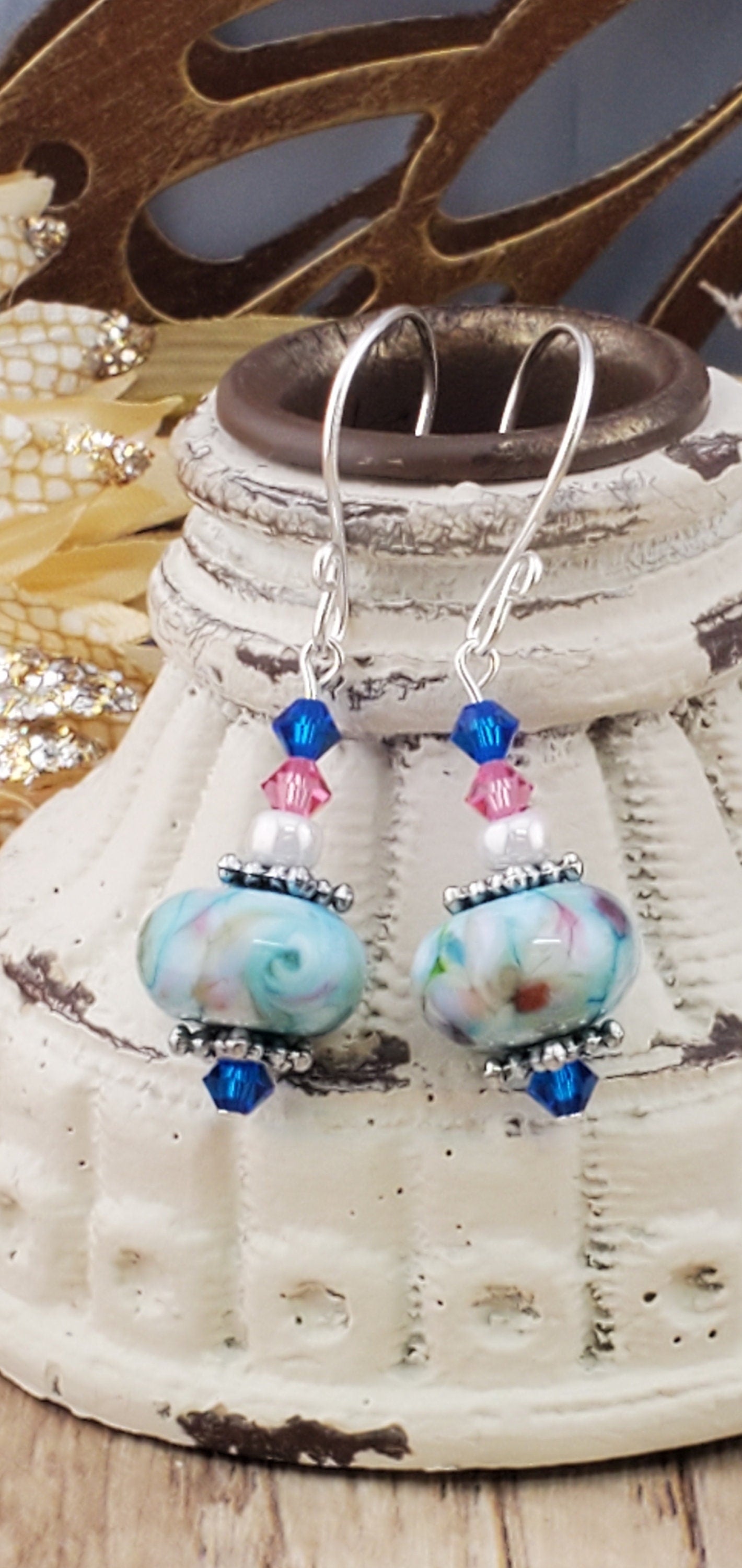 Colorful Mosaic Artisan Glass Earrings, Lampwork Glass Bead handcrafted by a talented artisan, Silver Filled Earring Wire