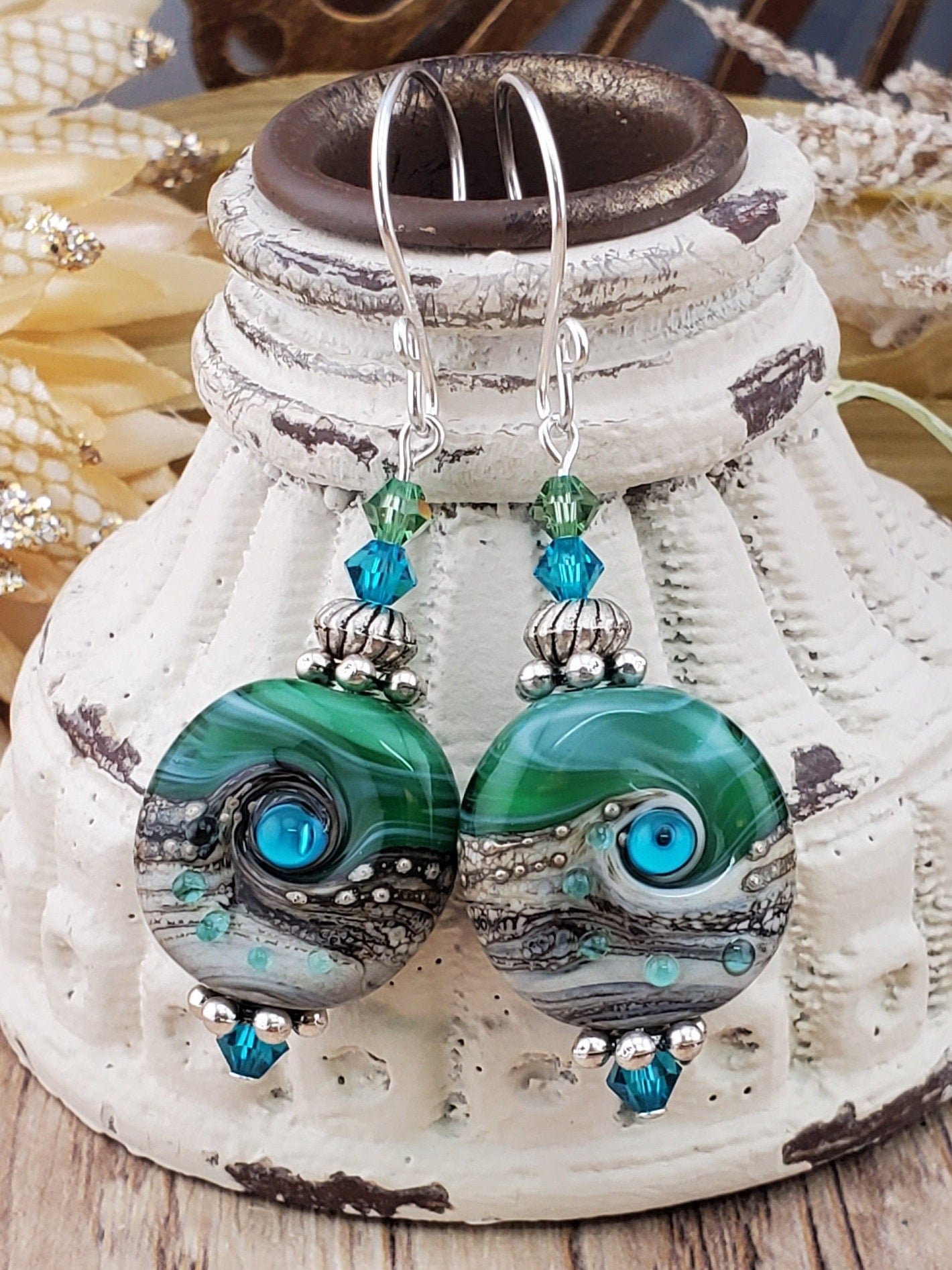 Island Dream Artisan Glass Earrings, Lampwork Glass Bead handcrafted by a talented artisan, Silver Filled Earring Wire