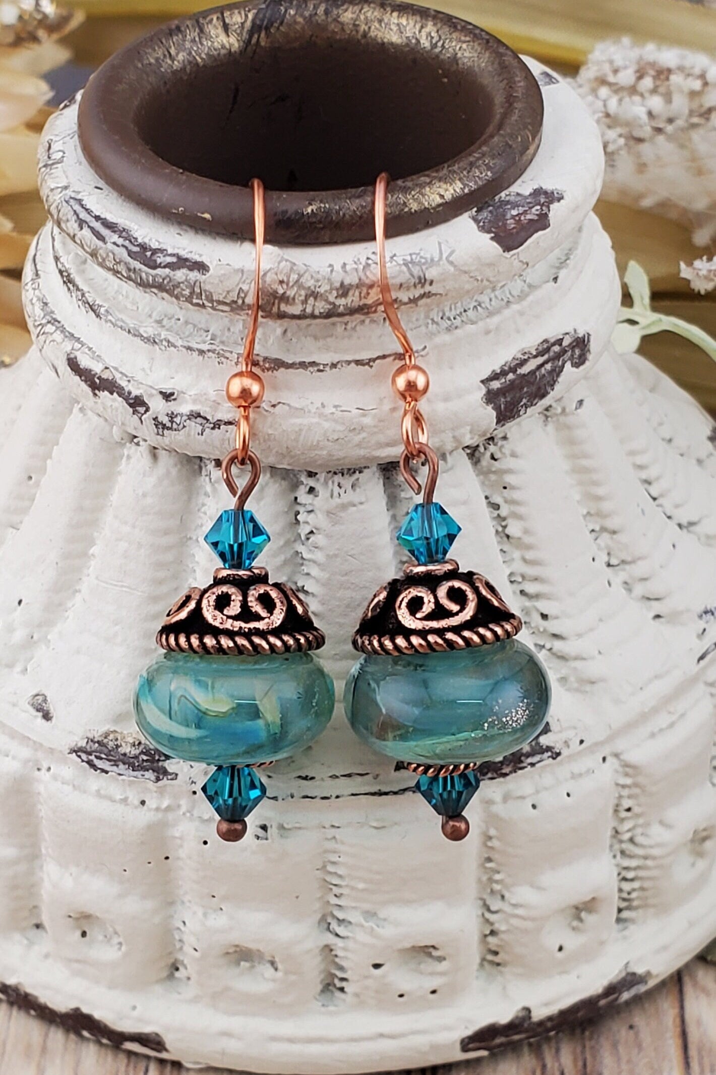 Seaside Treasure Artisan Glass Earrings, Lampwork Glass Bead handcrafted by a talented artisan, Copper Earring Wire