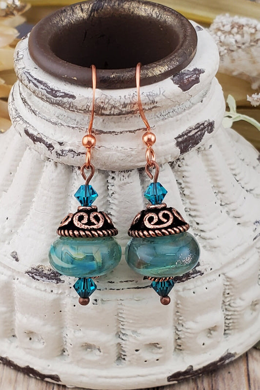 Seaside Treasure Artisan Glass Earrings, Lampwork Glass Bead handcrafted by a talented artisan, Copper Earring Wire