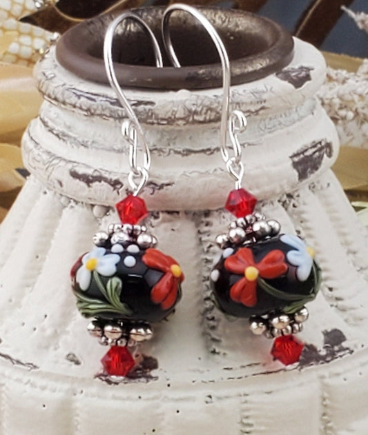 Fiery Red Artisan Glass Earrings, Lampwork Glass Bead handcrafted by a talented artisan, Silver Filled Earring Wire