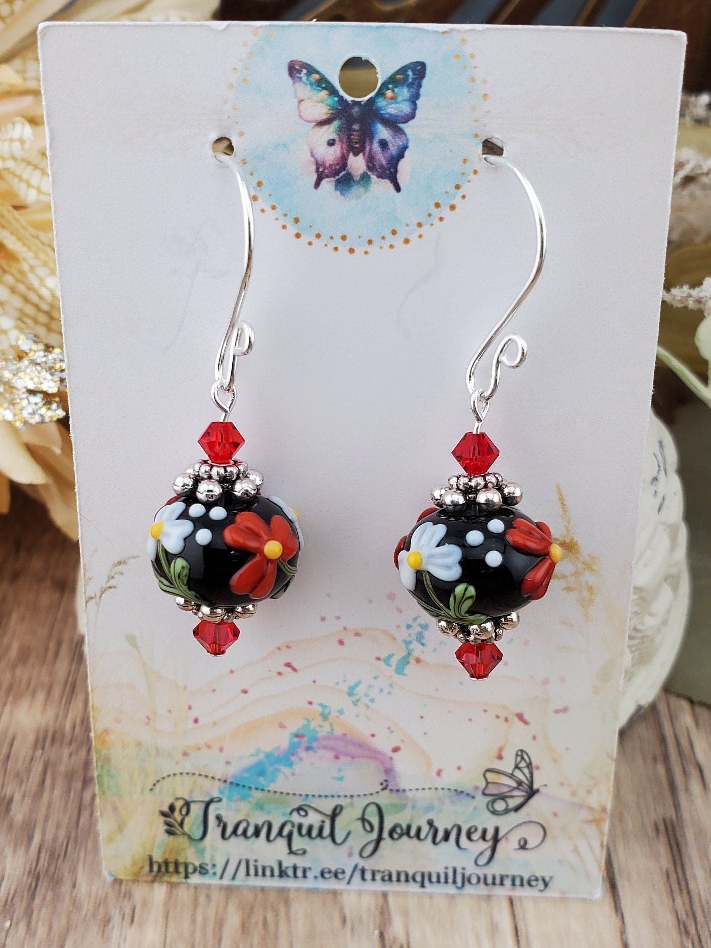 Fiery Red Artisan Glass Earrings, Lampwork Glass Bead handcrafted by a talented artisan, Silver Filled Earring Wire