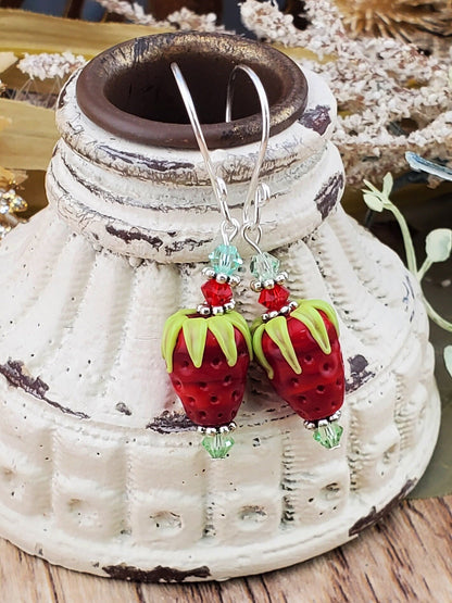 Strawberry Delight Artisan Glass Earrings, Lampwork Glass Bead handcrafted by a talented artisan, Silver Filled Earring Wire