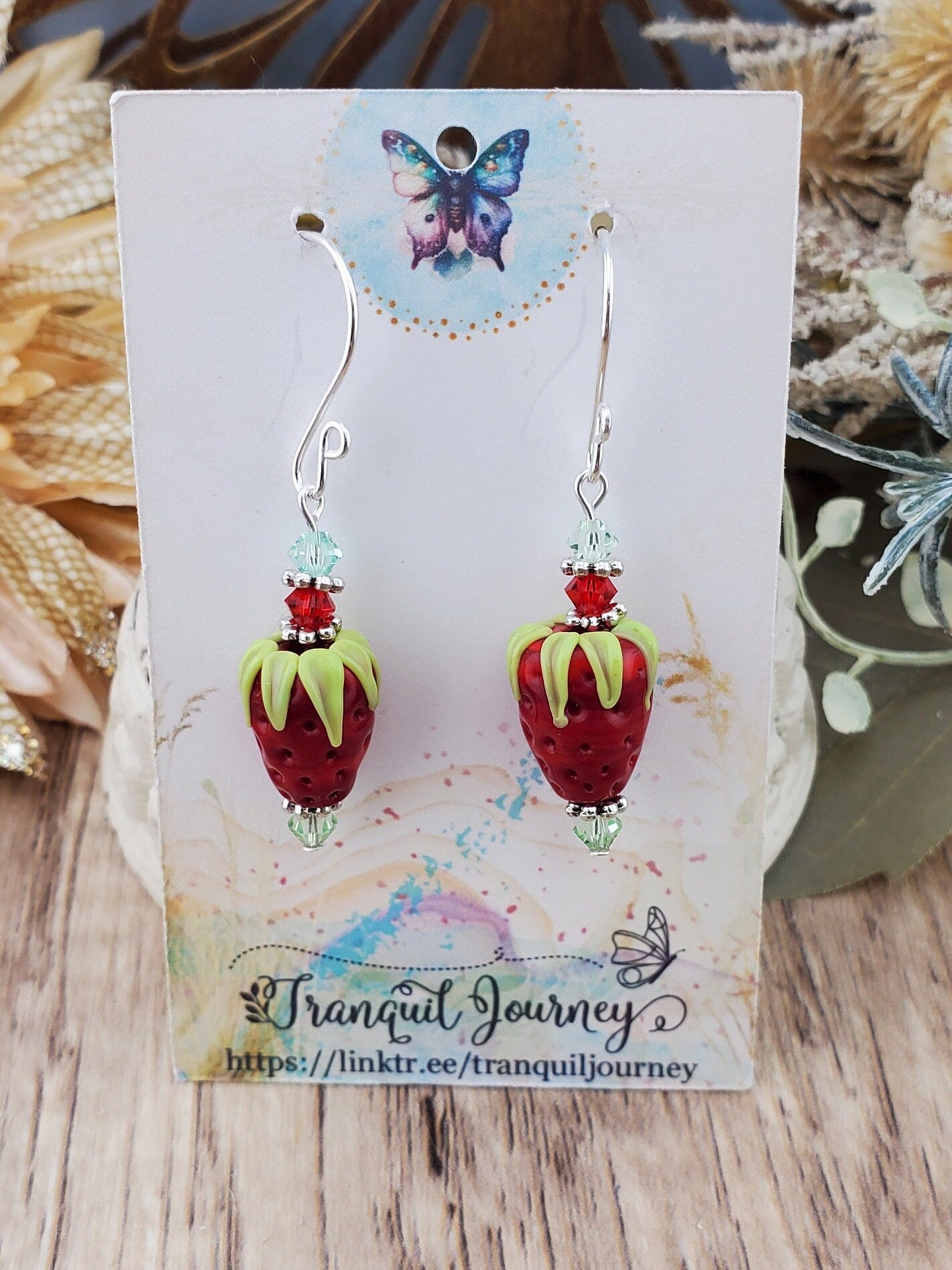 Strawberry Delight Artisan Glass Earrings, Lampwork Glass Bead handcrafted by a talented artisan, Silver Filled Earring Wire