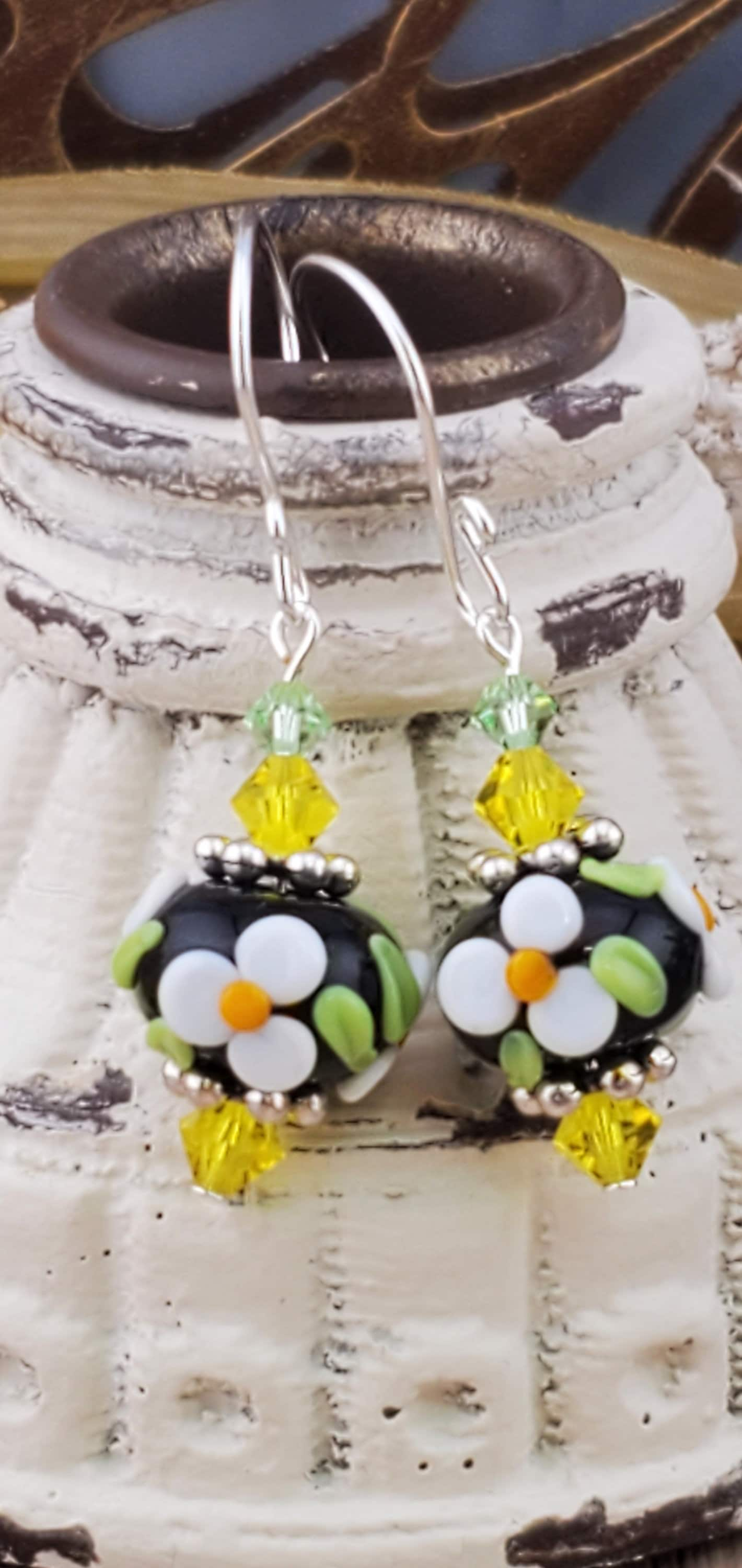 Joyful Blooms Artisan Glass Earrings, Lampwork Glass Bead handcrafted by a talented artisan, Silver Filled Earring Wire