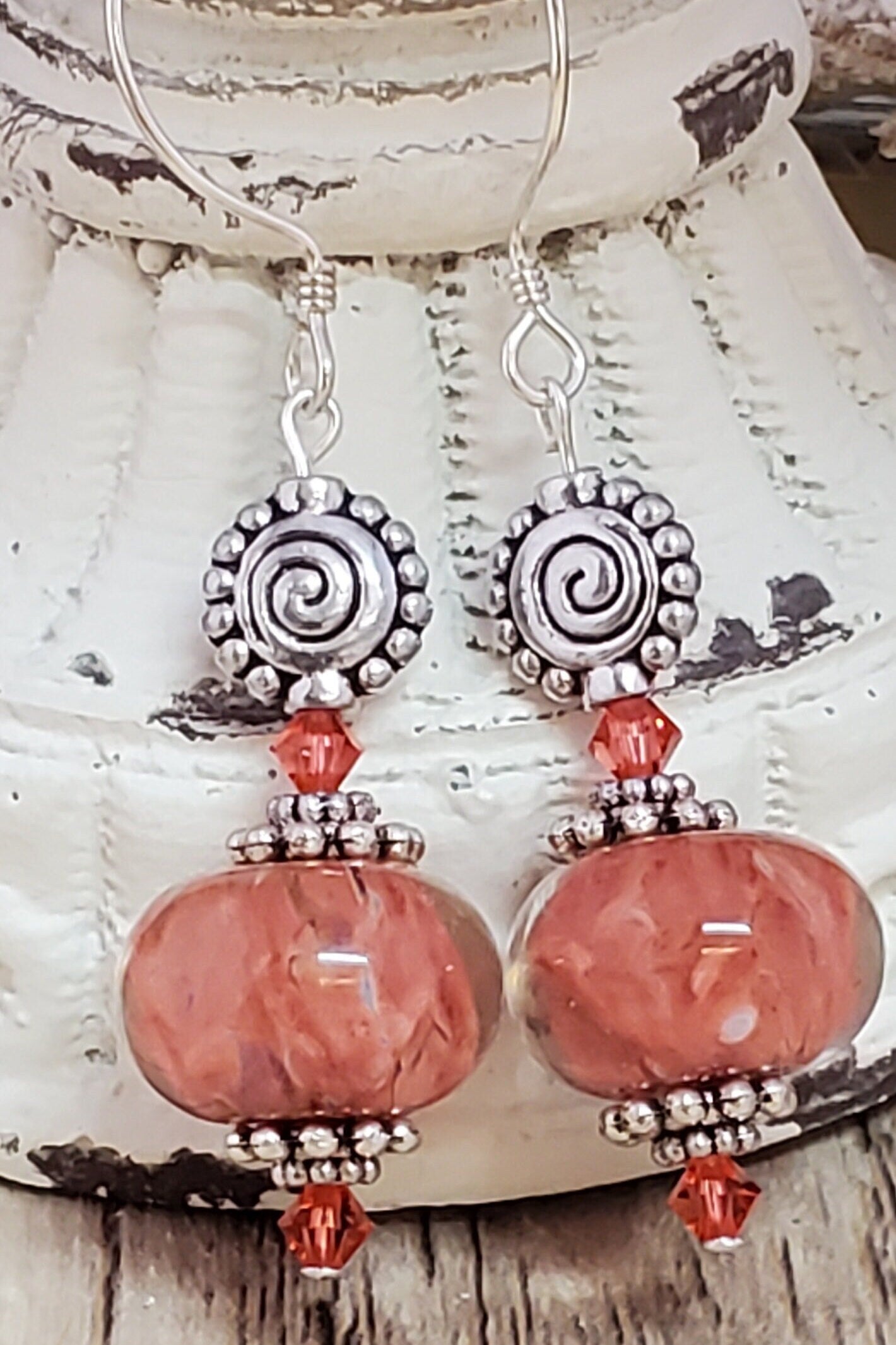 Peachy Keen Artisan Glass Earrings, Lampwork Glass Bead handcrafted by a talented artisan, Silver Filled Earring Wire