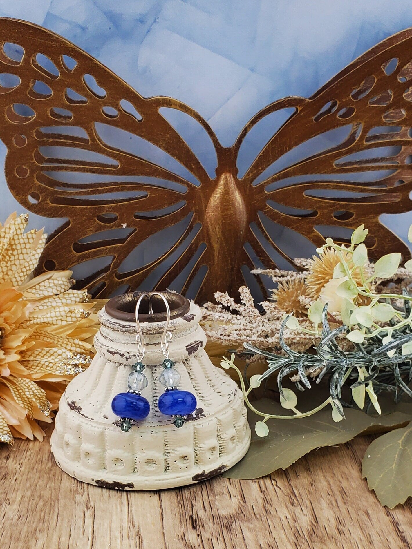 Blue Skies Artisan Glass Earrings, Lampwork Glass Bead handcrafted by a talented artisan, Silver Filled Earring Wire