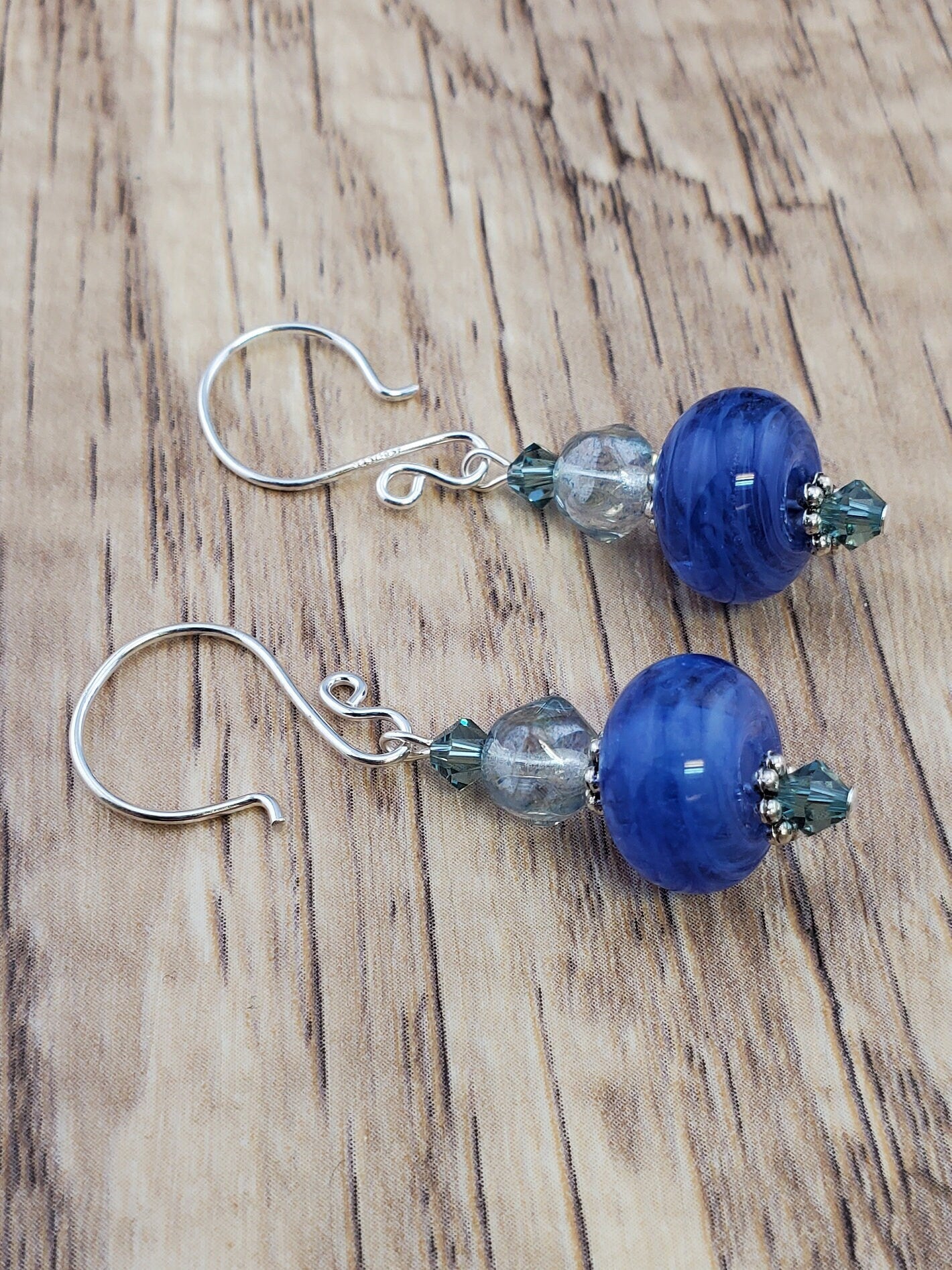 Blue Skies Artisan Glass Earrings, Lampwork Glass Bead handcrafted by a talented artisan, Silver Filled Earring Wire