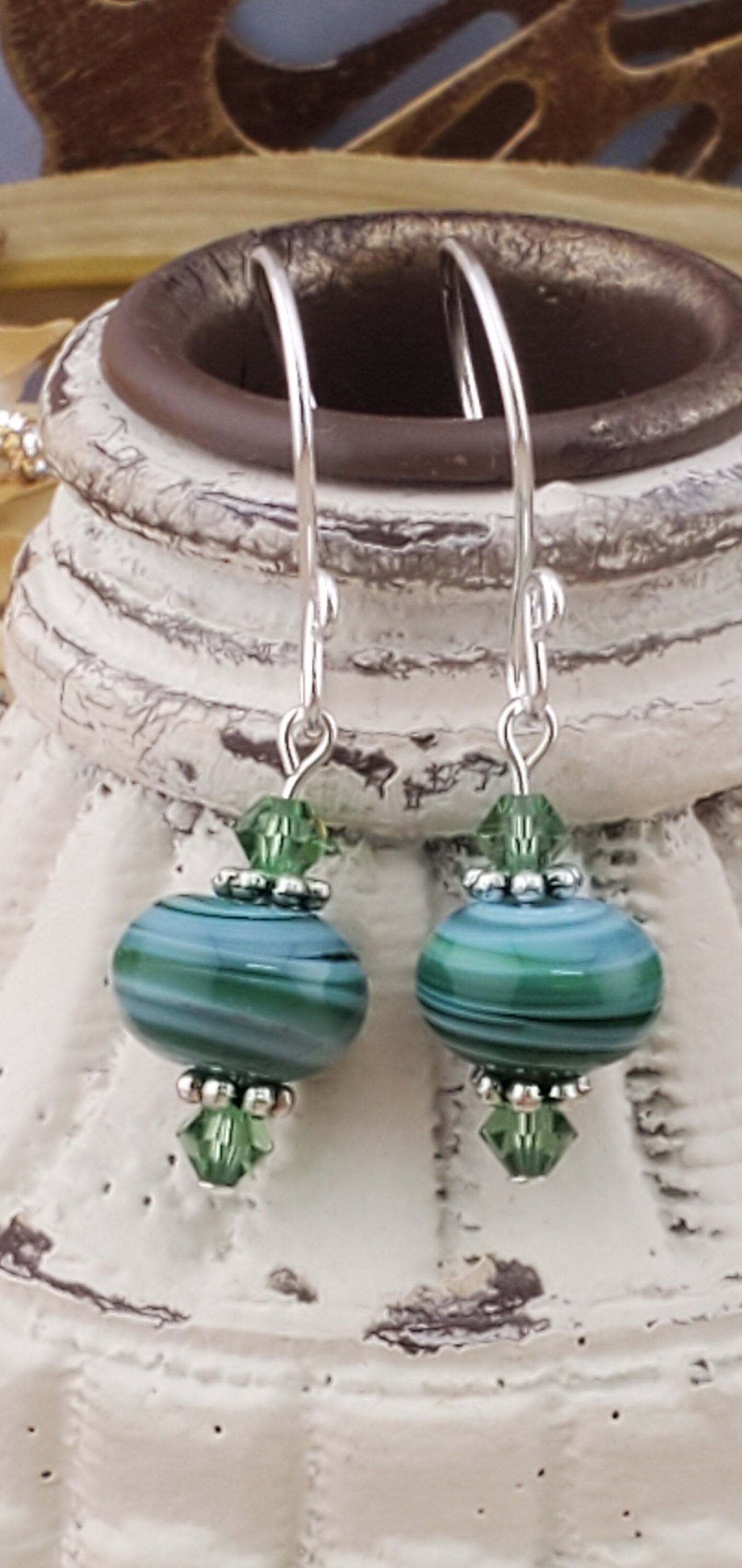 Lean and Green Artisan Glass Earrings, Lampwork Glass Bead handcrafted by a talented artisan, Silver Filled Earring Wire