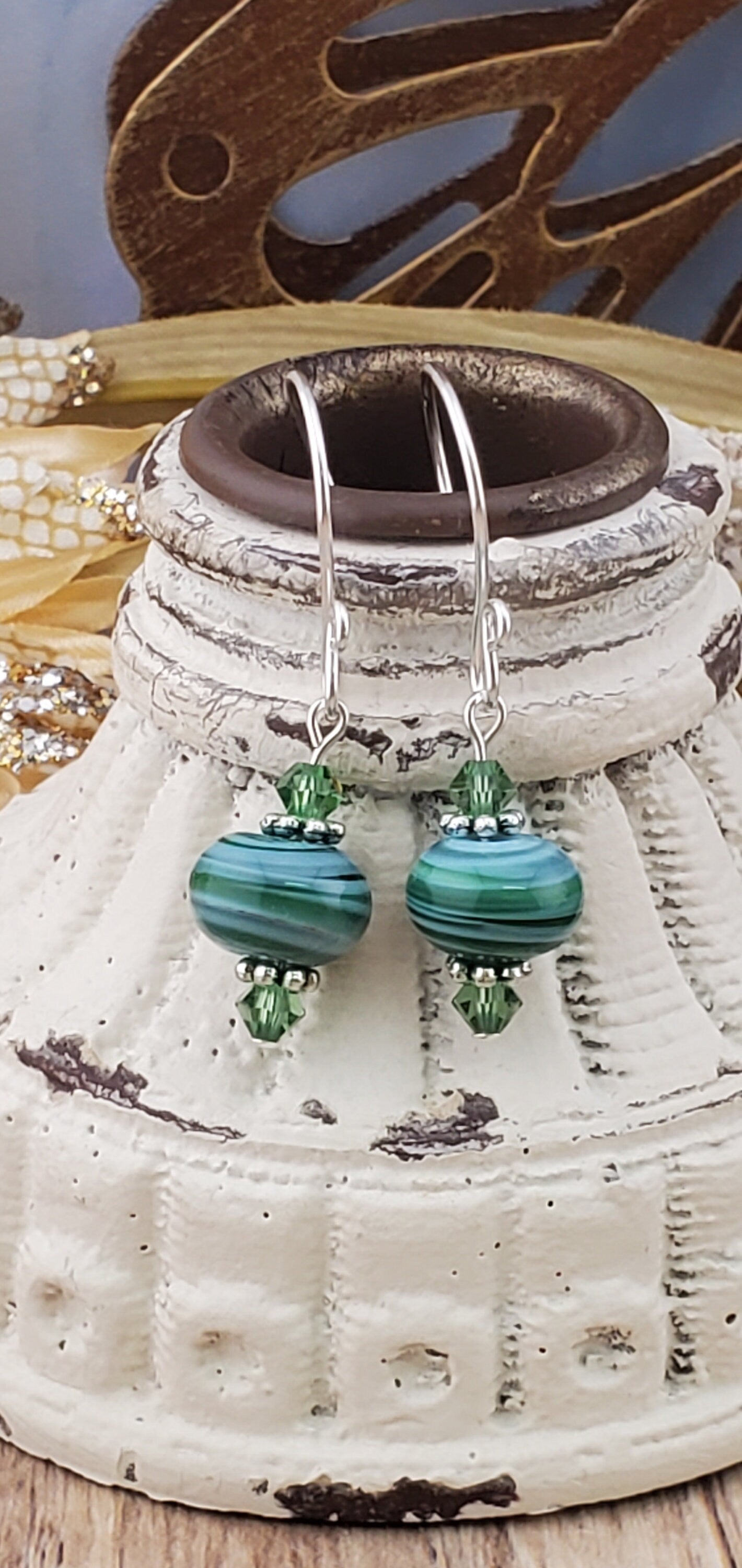 Lean and Green Artisan Glass Earrings, Lampwork Glass Bead handcrafted by a talented artisan, Silver Filled Earring Wire