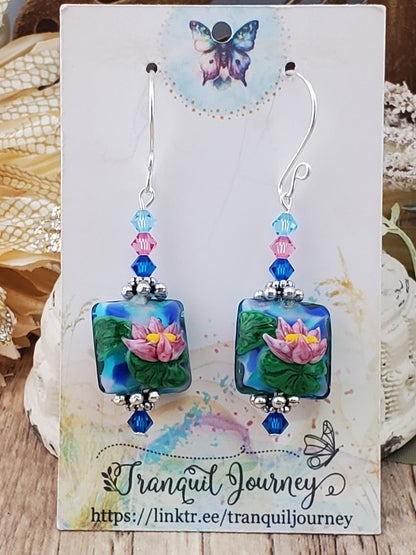 Floating Garden Artisan Glass Earrings, Lampwork Glass Bead handcrafted by a talented artisan, Silver Filled Earring Wire