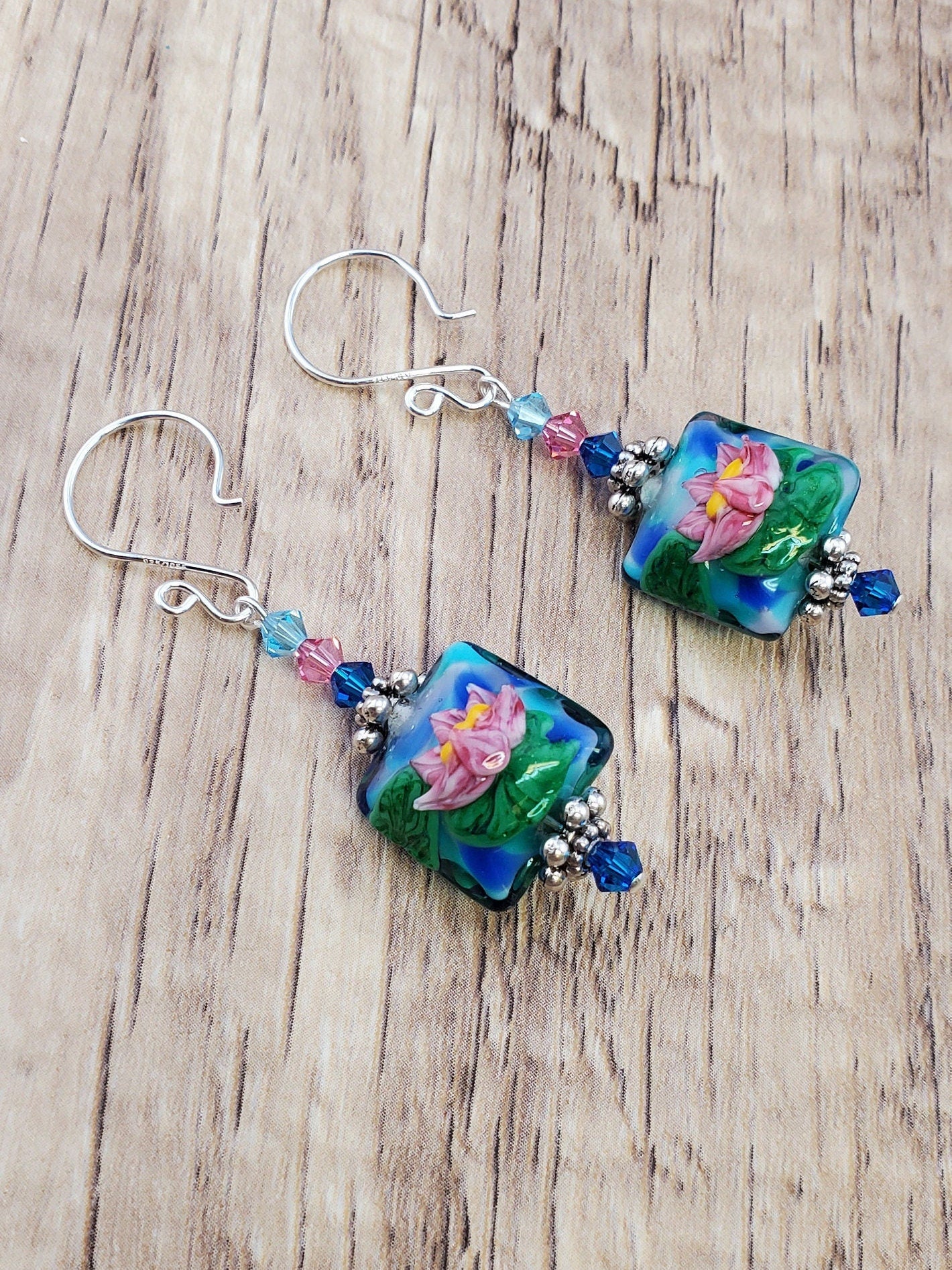 Floating Garden Artisan Glass Earrings, Lampwork Glass Bead handcrafted by a talented artisan, Silver Filled Earring Wire