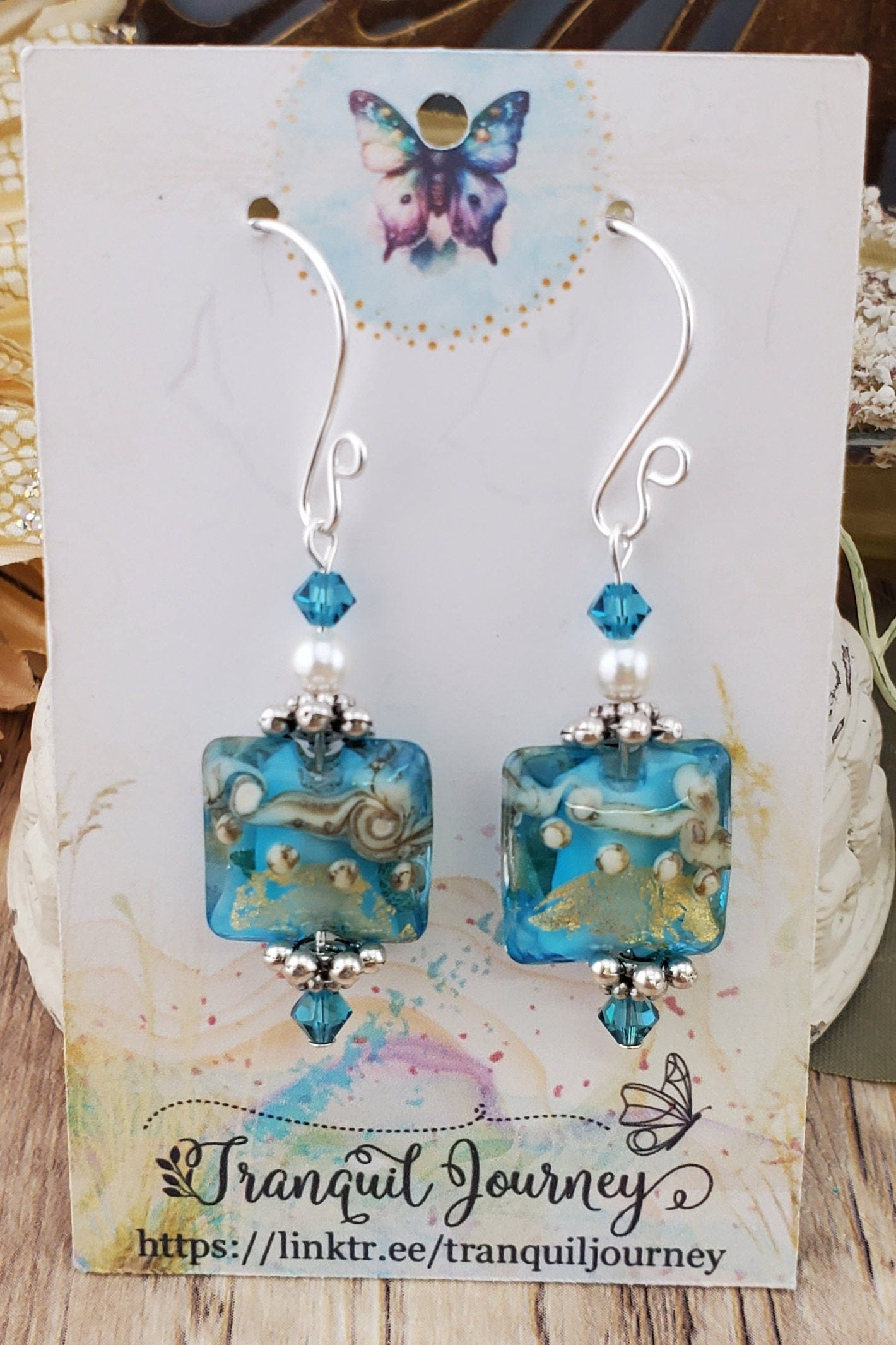 Tranquil Oasis Artisan Glass Earrings, Lampwork Glass Bead handcrafted by a talented artisan, Silver Filled Earring Wire