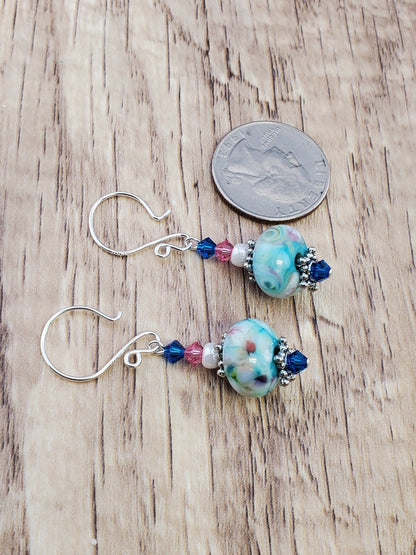 Colorful Mosaic Artisan Glass Earrings, Lampwork Glass Bead handcrafted by a talented artisan, Silver Filled Earring Wire