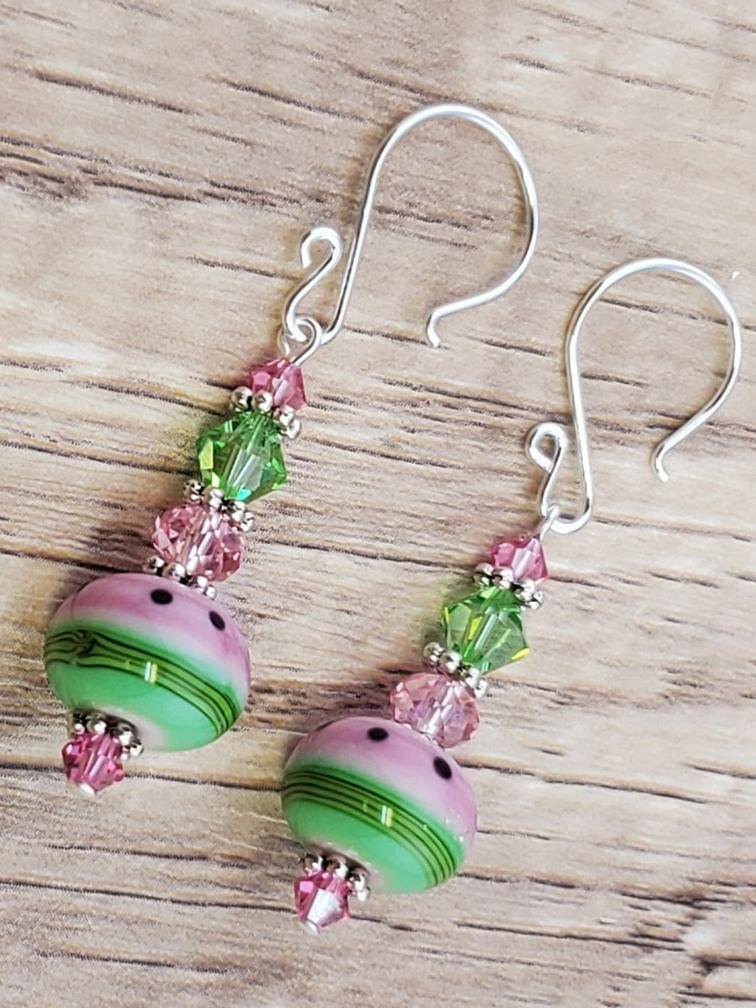 One in a Melon Artisan Glass Earrings, Lampwork Glass Bead handcrafted by a talented artisan, Silver Filled Earring Wire