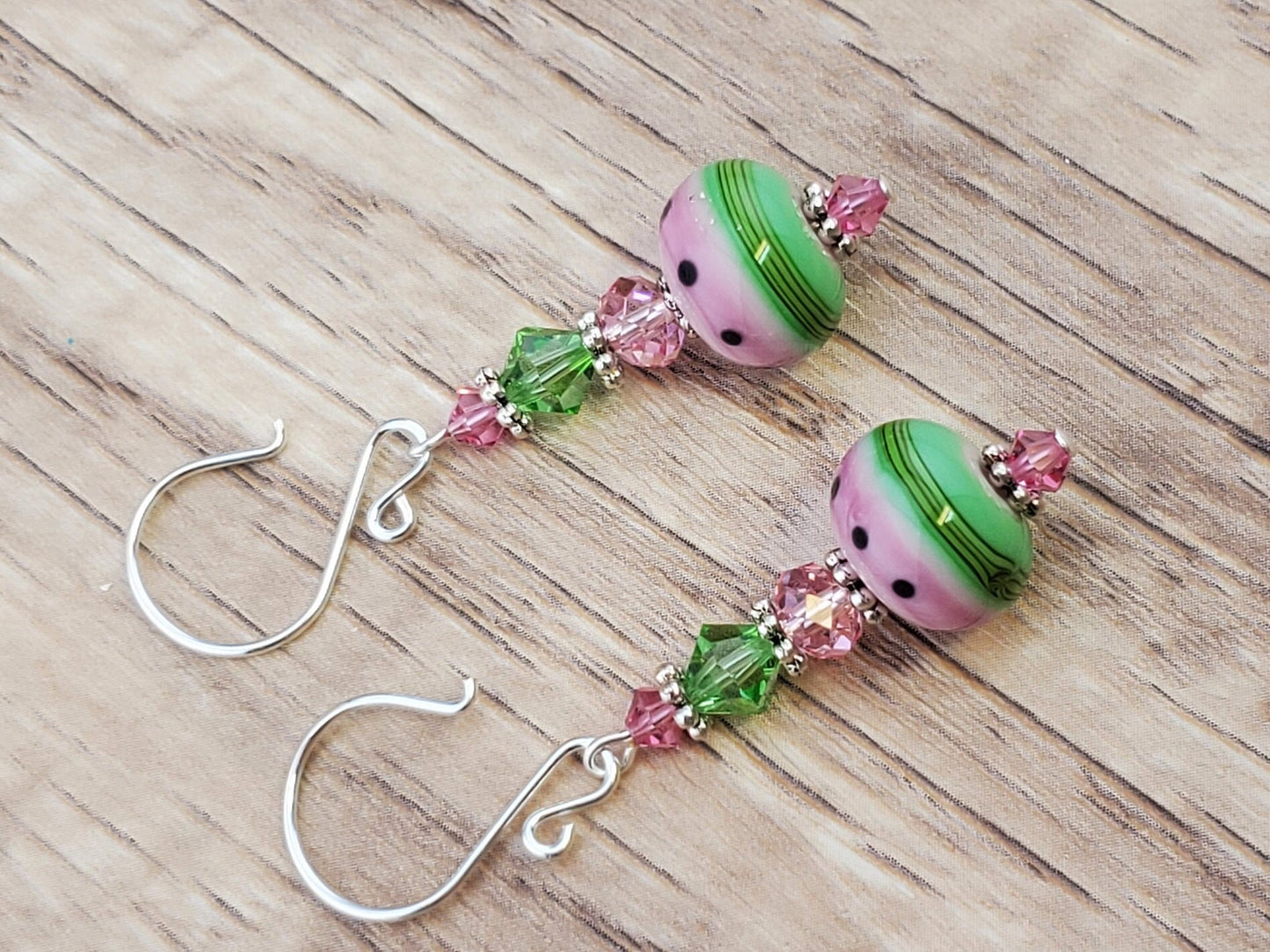 One in a Melon Artisan Glass Earrings, Lampwork Glass Bead handcrafted by a talented artisan, Silver Filled Earring Wire