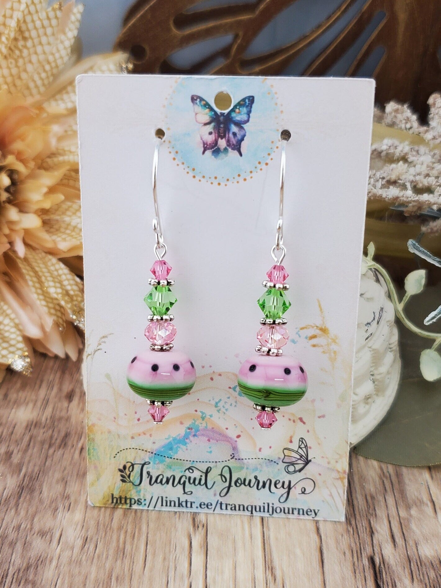 One in a Melon Artisan Glass Earrings, Lampwork Glass Bead handcrafted by a talented artisan, Silver Filled Earring Wire