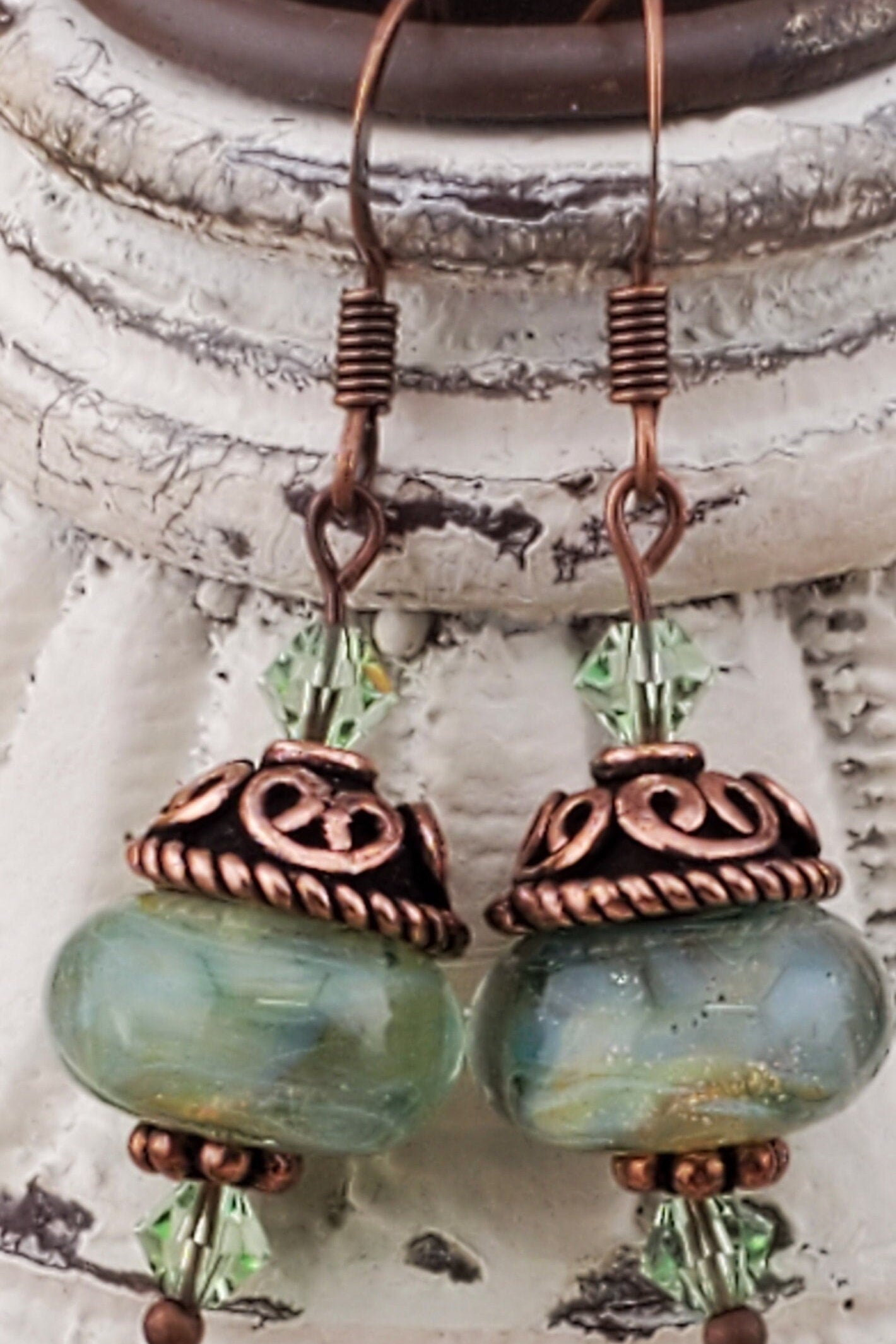 Spiritual Oasis Glass Earrings, Lampwork Glass Bead handcrafted by a talented artisan, Copper Earring Wire