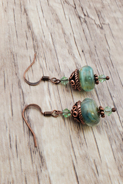 Spiritual Oasis Glass Earrings, Lampwork Glass Bead handcrafted by a talented artisan, Copper Earring Wire