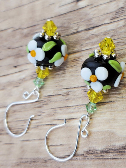 Joyful Blooms Artisan Glass Earrings, Lampwork Glass Bead handcrafted by a talented artisan, Silver Filled Earring Wire