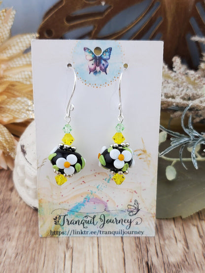 Joyful Blooms Artisan Glass Earrings, Lampwork Glass Bead handcrafted by a talented artisan, Silver Filled Earring Wire