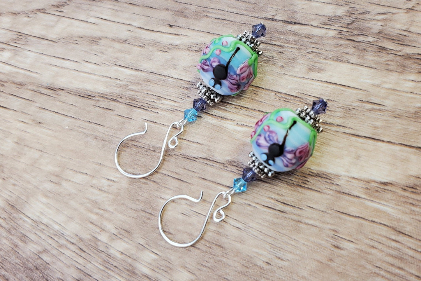 Flying Free Artisan Glass Earrings, Lampwork Glass Bead handcrafted by a talented artisan, Silver Filled Earring Wire