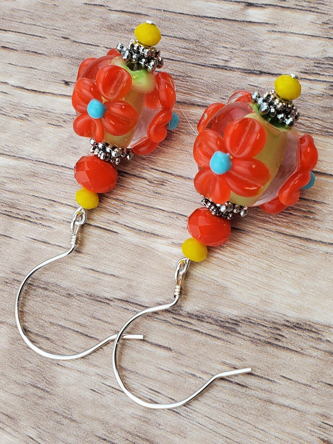 Mardi Gras Madness Artisan Glass Earrings, Lampwork Glass Bead handcrafted by a talented artisan, Silver Filled Earring Wire