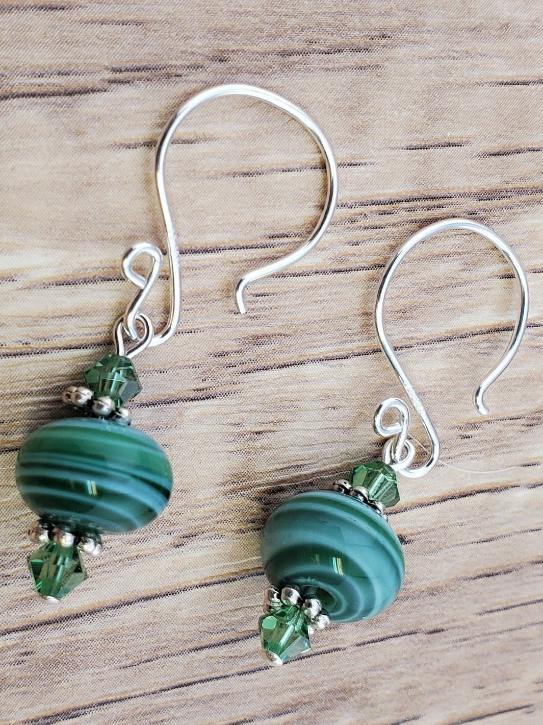 Lean and Green Artisan Glass Earrings, Lampwork Glass Bead handcrafted by a talented artisan, Silver Filled Earring Wire