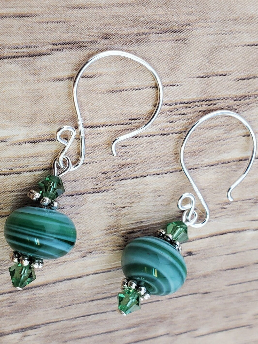 Lean and Green Artisan Glass Earrings, Lampwork Glass Bead handcrafted by a talented artisan, Silver Filled Earring Wire