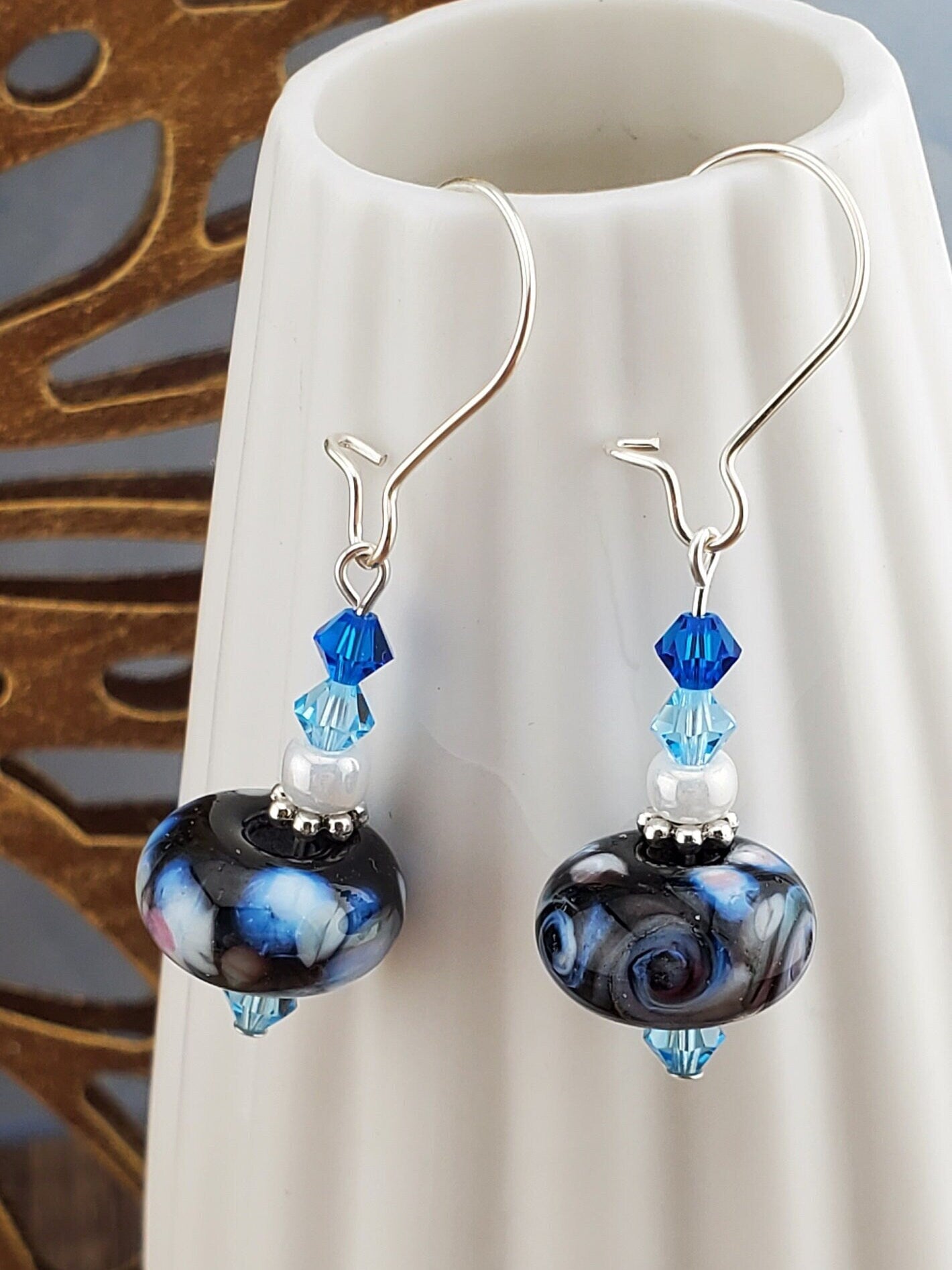 Blue Mosaic Artisan Glass Earrings, Lampwork Glass Bead by a talented artisan, Silver Filled Kidney Earring Wire