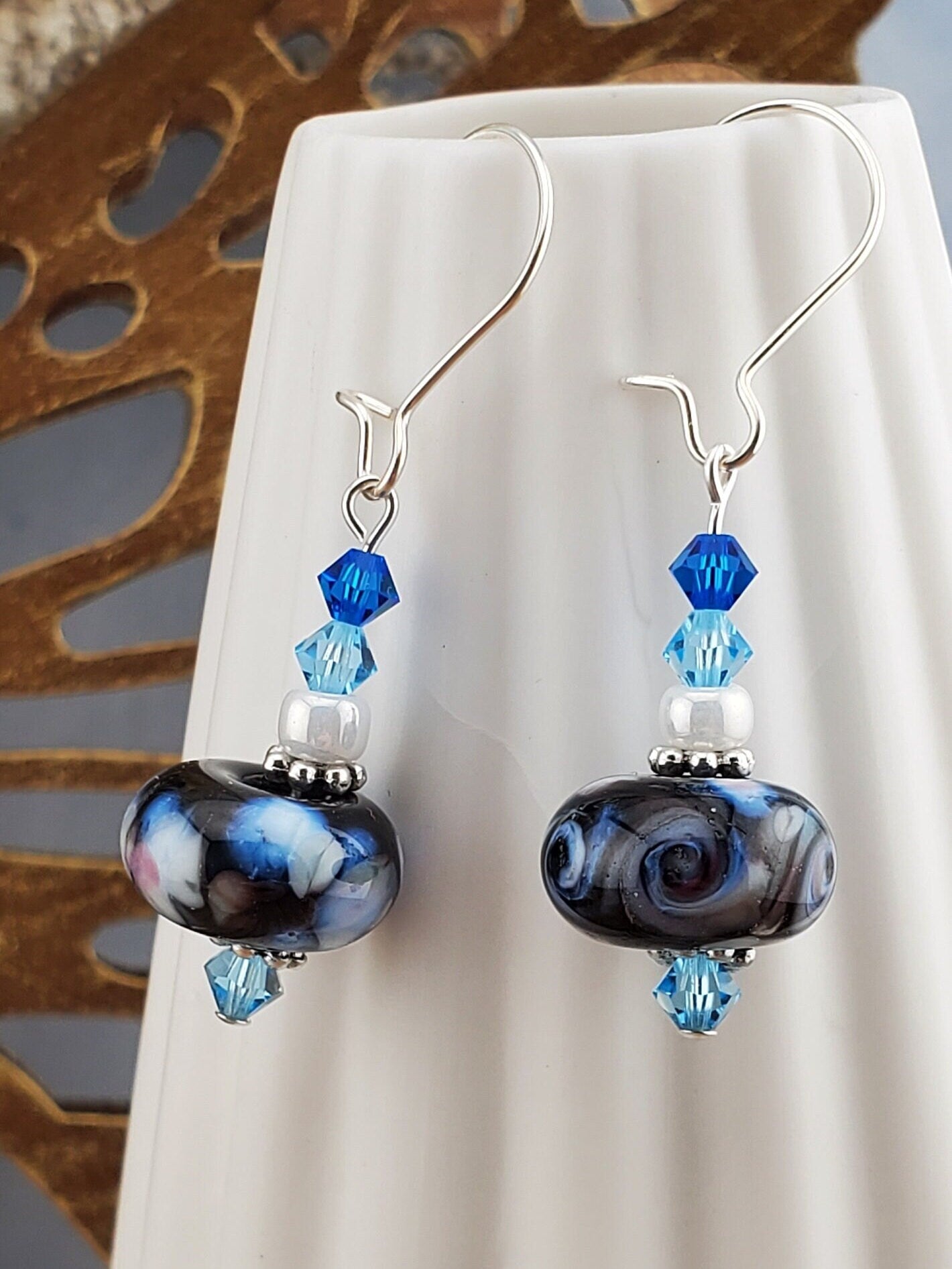 Blue Mosaic Artisan Glass Earrings, Lampwork Glass Bead by a talented artisan, Silver Filled Kidney Earring Wire