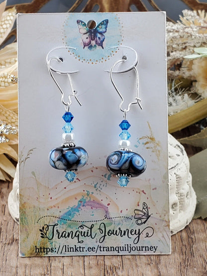 Blue Mosaic Artisan Glass Earrings, Lampwork Glass Bead by a talented artisan, Silver Filled Kidney Earring Wire