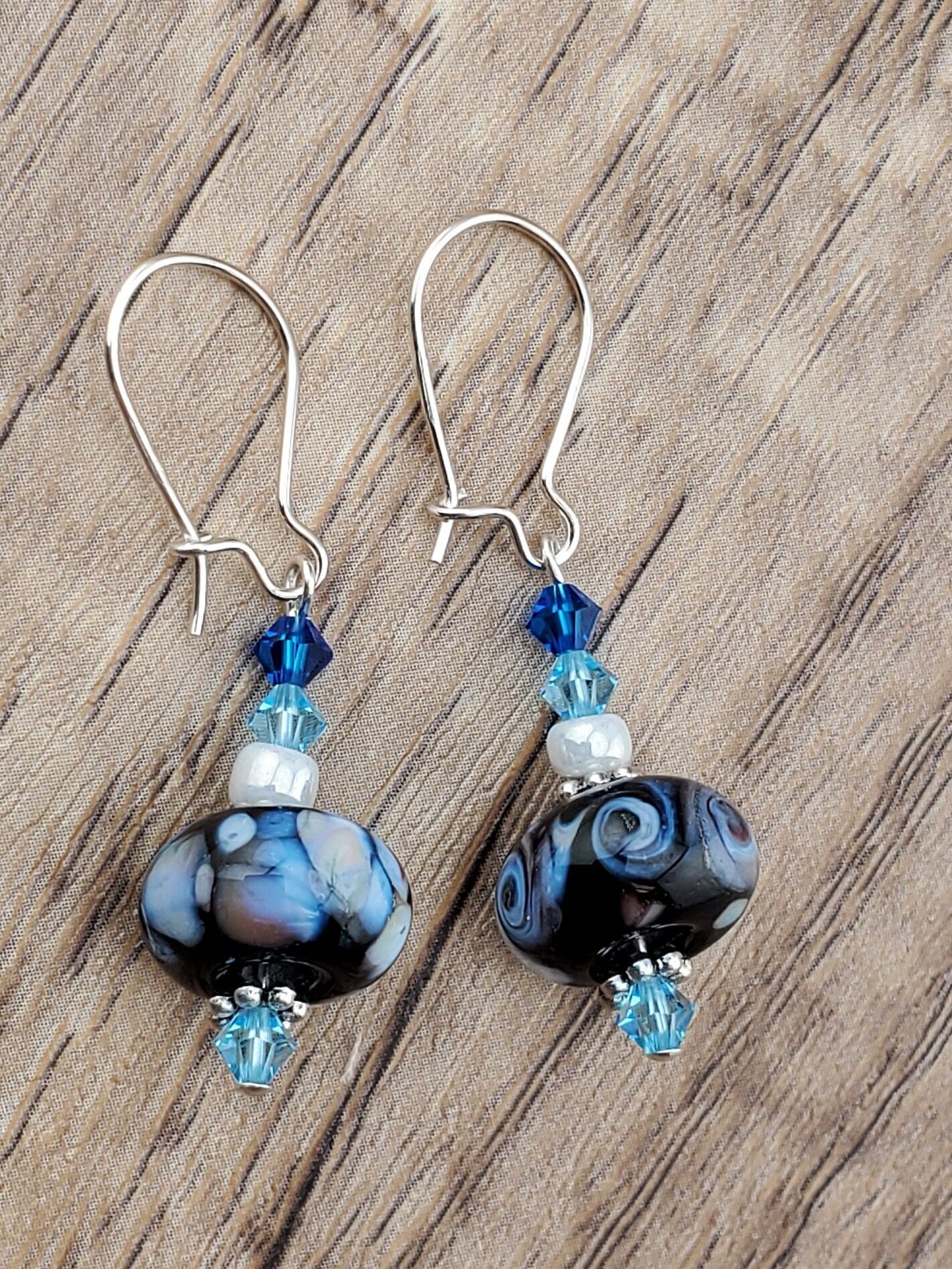 Blue Mosaic Artisan Glass Earrings, Lampwork Glass Bead by a talented artisan, Silver Filled Kidney Earring Wire