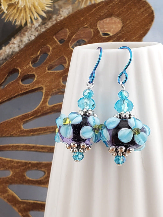 Tropical Bliss Artisan Glass Earrings, Lampwork Glass Bead by a talented artisan, Niobium Earring Wire