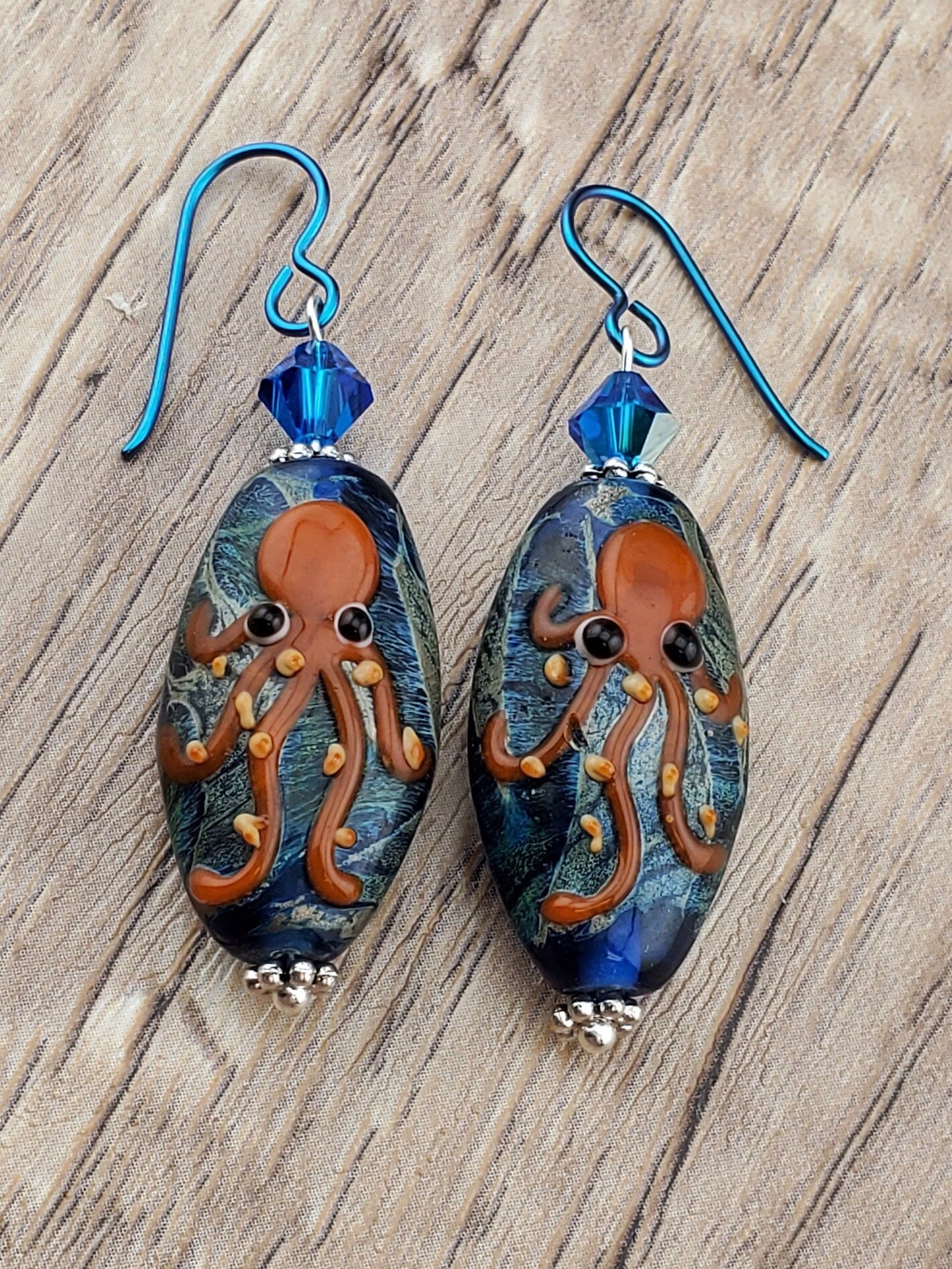 The Kraken Artisan Glass Earrings, Lampwork Glass Bead by a talented artisan, Niobium Earring Wire